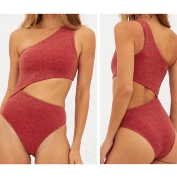 New! Beach Riot Red Metallic Celine One Shoulder One Piece Swimsuit 24799 - Picture 2 of 10